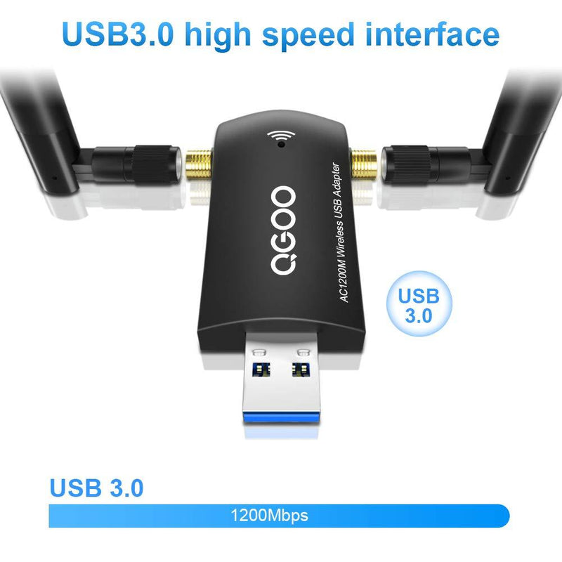 Wireless USB WiFi Adapter, QGOO WiFi Adapter USB 3.0 AC1200 High Gain Dual 5dBi Antennas 802.11ac/a/b/g/n Dual Band 2.42GHz/300Mbps 5.8GHz/867Mbps for PC Windows 10/8/7/Vista/XP, Mac OS 10.9-10.15