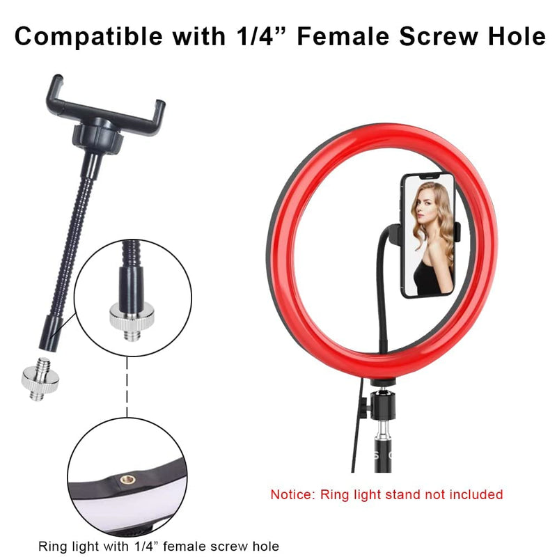 Phone Holder for Ring Light and Tripod Stand with 1/4" Female Thread Adapter, Flexible Gooseneck Phone Tripod Mount with Detachable Hot Shoe and 1/4" to 1/4" Male Threaded Converter Fits Most Devices