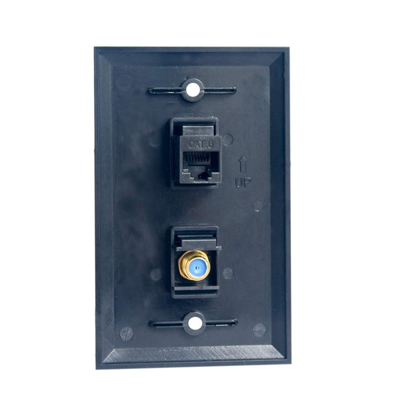 Ethernet Coax Wall Plate Black - Cat6 RJ45 Coax Network Wall Plate Female to Female Faceplate- 1 CAT6 Jack + 1 TV Coax Cable/F-Type Connector