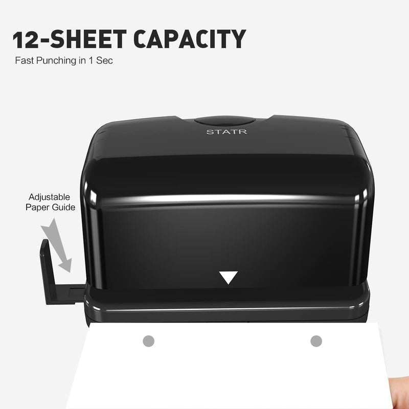 Electric 2 Hole Punch,VEYETTE Black Hole Punch,Punches Up to of 12-15 Sheets Paper, AC or Battery Black2hole