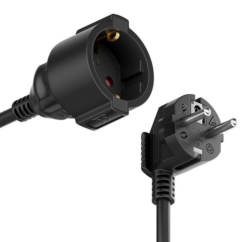deleyCON 2m extension cable power cable power cable extension protective contact plug type F (CEE 7/4) 90° angled to socket (CEE 7/3) touch protection TV PC computer projector - black 2 M