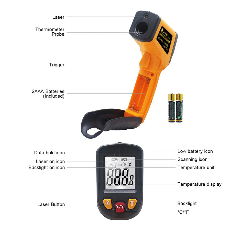 KETOTEK Infrared Thermometer Laser Digital IR Pyrometer Non-Contact Temperature Gun -50°C to 400°C Temperature Meter for Cooking Barbecue Freezer Industry Food Orange