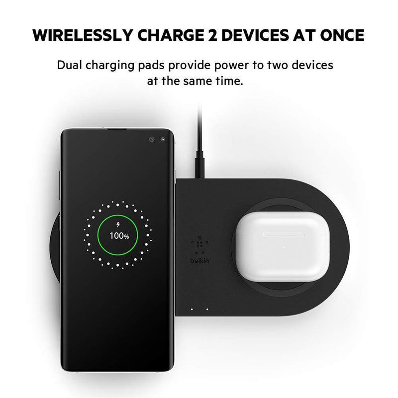 Belkin BoostCharge 10W Fast Dual Wireless Charging Pad, Includes QuickCharge 3.0 Wall Charger and Cable, Case Compatible for iPhones, Airpods, Galaxy and Other Qi Enabled Devices (includes AC adapter) Black 10W Dual Pad