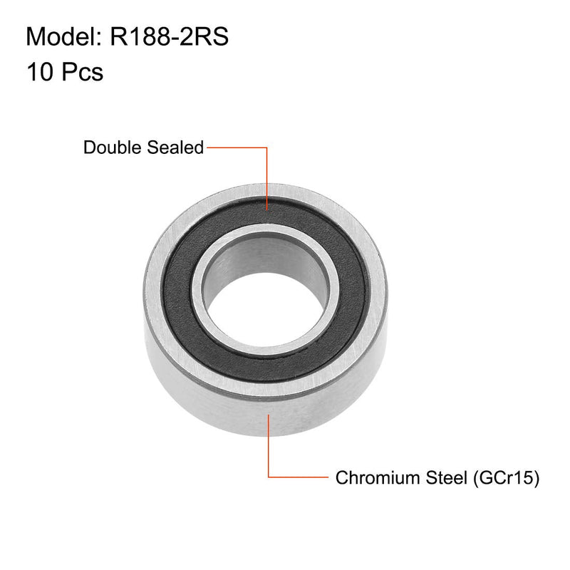 uxcell R188-2RS Deep Groove Ball Bearings 1/4" x 1/2" x 3/16" Double Sealed Chrome Steel P0(ABEC1) 10pcs