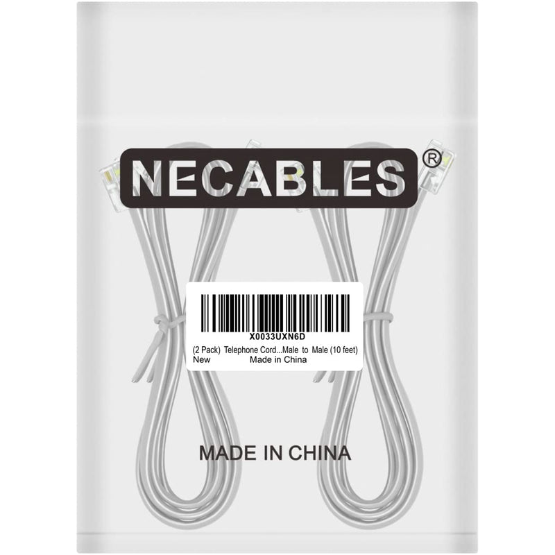 NECABLES (2 Pack) Phone Cord 10 ft Telephone Cord Phone Line Cord RJ11 6P4C Male to Male for Landline and Fax - 10 Feet