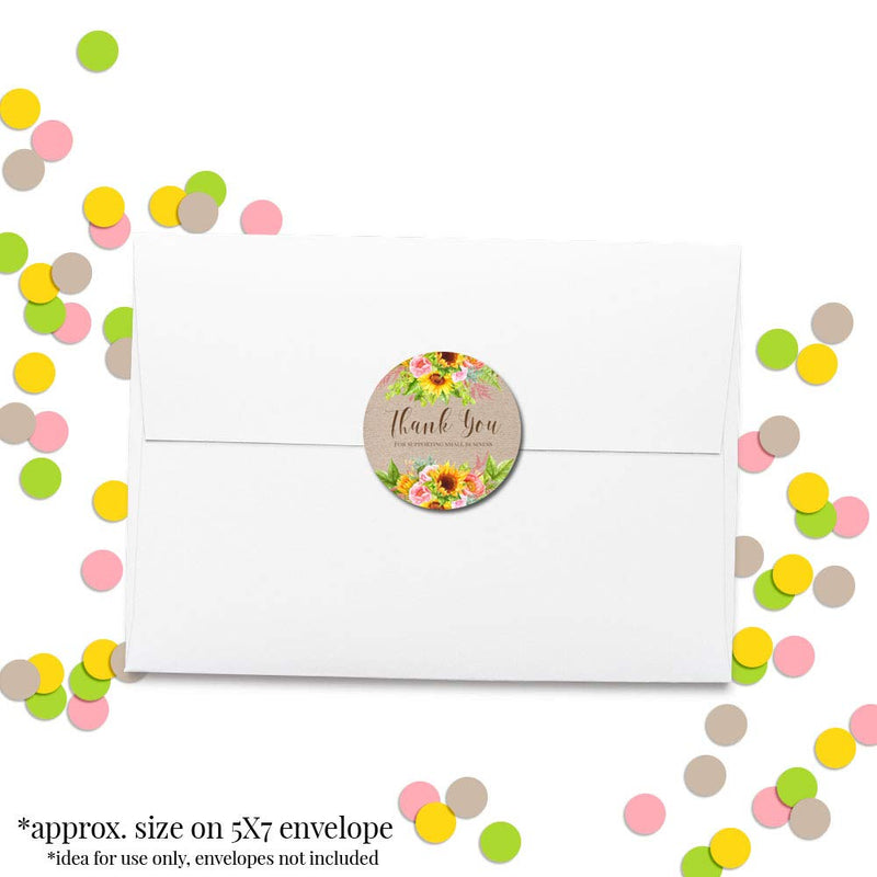 Sunflower and Peony Thank You Customer Appreciation Sticker Labels for Small Businesses, 60 1.5" Circle Stickers by AmandaCreation, Great for Envelopes, Postcards, Direct Mail, More!