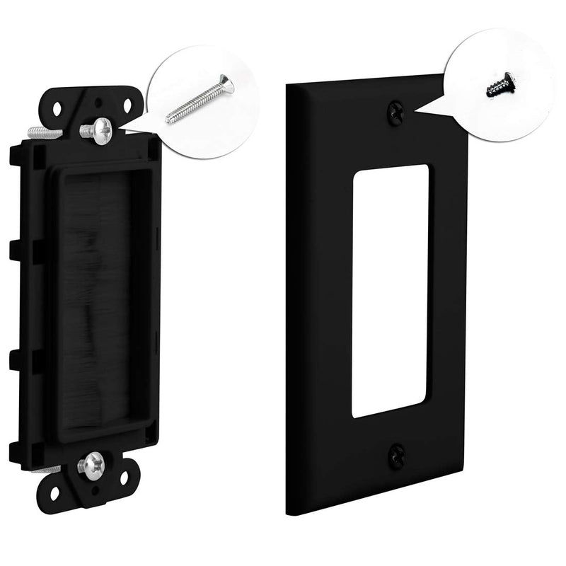 Single Brush Wall Plate(Black/2Pack),Cable Pass Through Insert for Wires,Brush Bristles Style Strap Opening Port Insert Socket,Works Great with Speaker Coaxial HDMI Network or Phone Cables 2 Black