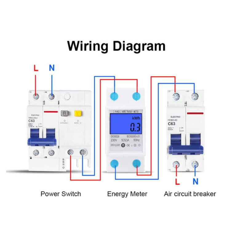 Hyuduo Electricity Usage Monitor LCD Display Single Phase Energy KWh Meter Multi-Function 5-32A 230V 50Hz DIN Rail Mounting