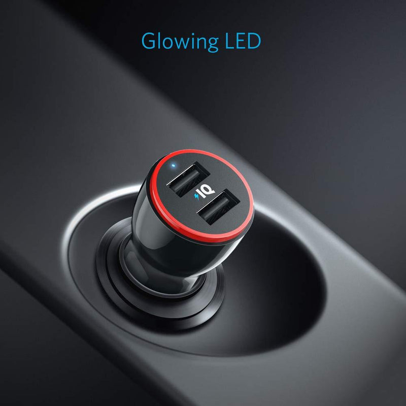 Anker Car Charger, Mini 24W 4.8A Metal Dual USB Car Charger, PowerDrive 2 Alloy Flush Fit Car Adapter with Blue LED, for iPhone XR/Xs/Max/X/8/7/Plus, iPad Pro/Air 2/Mini, Galaxy, LG, HTC and More Black