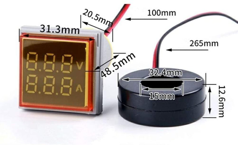 Szliyands AC Current and Voltage Indicator with Two-Digit Display, 22mm Square Head LED Multi-Function Measuring Instrument Monitor (Yellow) Yellow