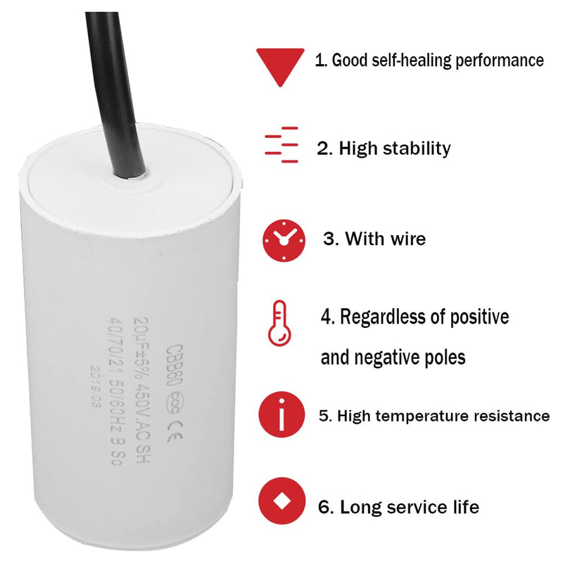 Starting capacitor, CBB60 capacitor 20µf 450V capacitor motor starting capacitor motor running capacitor microfarad capacitor with wire line CBB60 450V 20uF cable
