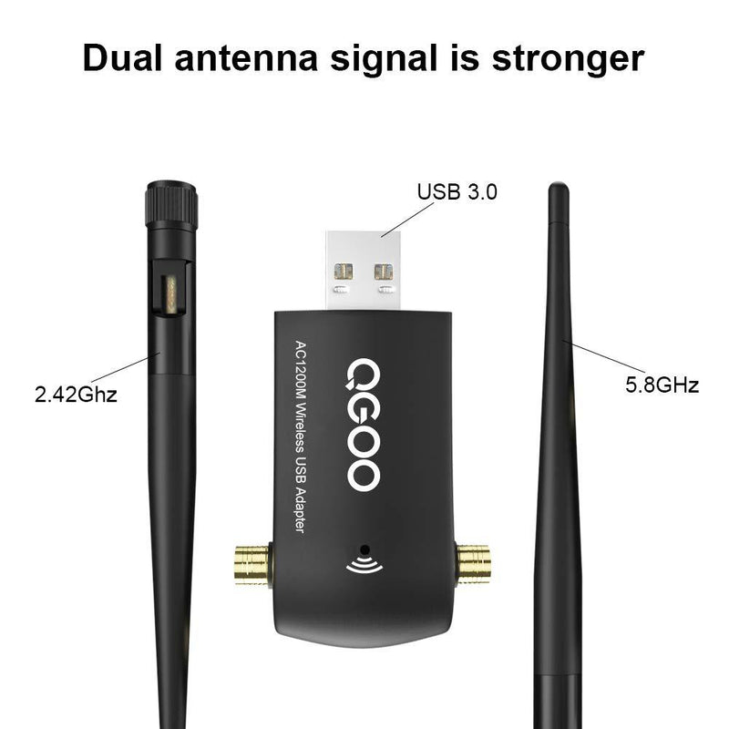 Wireless USB WiFi Adapter, QGOO WiFi Adapter USB 3.0 AC1200 High Gain Dual 5dBi Antennas 802.11ac/a/b/g/n Dual Band 2.42GHz/300Mbps 5.8GHz/867Mbps for PC Windows 10/8/7/Vista/XP, Mac OS 10.9-10.15
