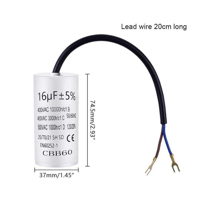 Pack of 2 capacitor CBB60 16µF 450V 50/60 Hz working capacitor with 20cm connection cable and cable lugs starting capacitor motor starting capacitor 16uF | 74x37mm