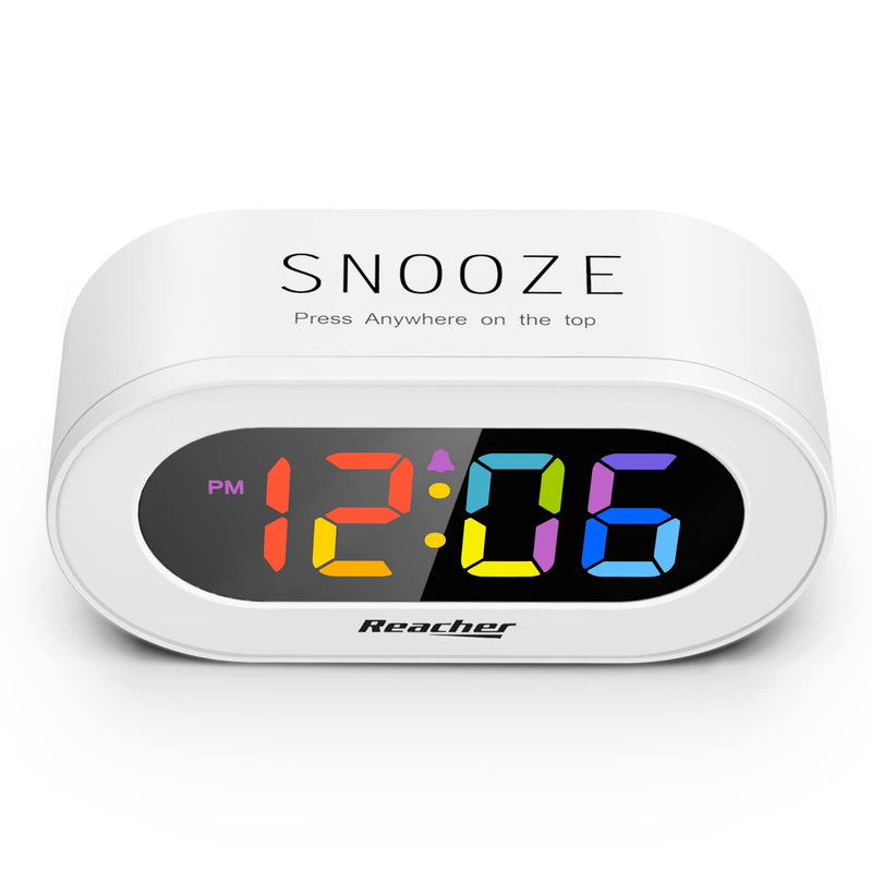 REACHER Small Colorful LED Digital Alarm Clock with Snooze, Simple to Operate, Full Range Brightness Dimmer, Adjustable Alarm Volume, Outlet Powered Compact Clock for Bedrooms, Bedside, Desk, Shelf Colorful Digit