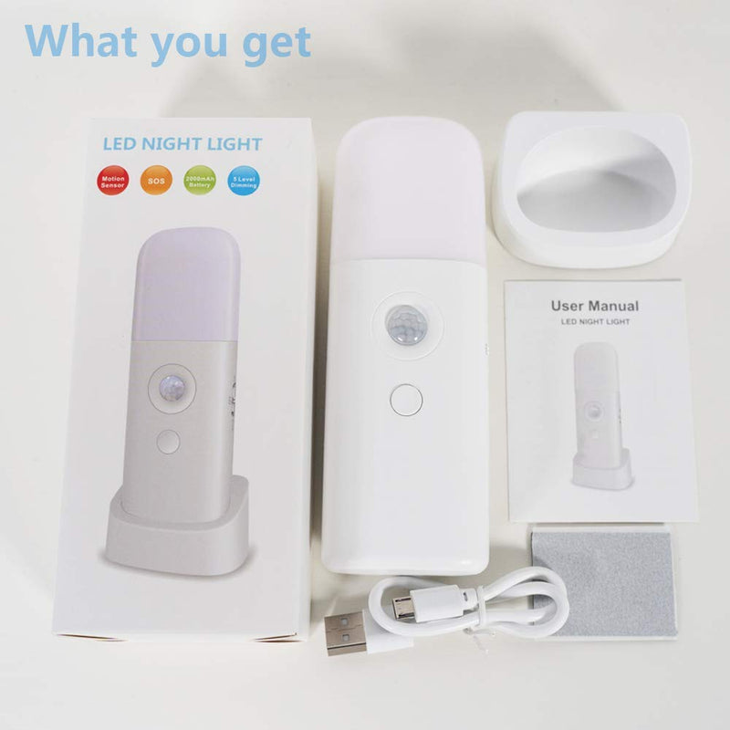CREWEEL Motion Sensor Night light, Dimmable Night Lights with 5 Brightness Levels, 2000mAh Rechargeable Battery Operated Light, Portable Motion Sensor Light for Kids Room, Bedroom, Hallway(Warm Light) One Pack Warm White