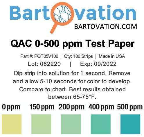 Restaurant Quaternary Ammonium (QAC, Multi Quat) Sanitizer Test Paper, 0-500 ppm [200 Paper Strips] 200