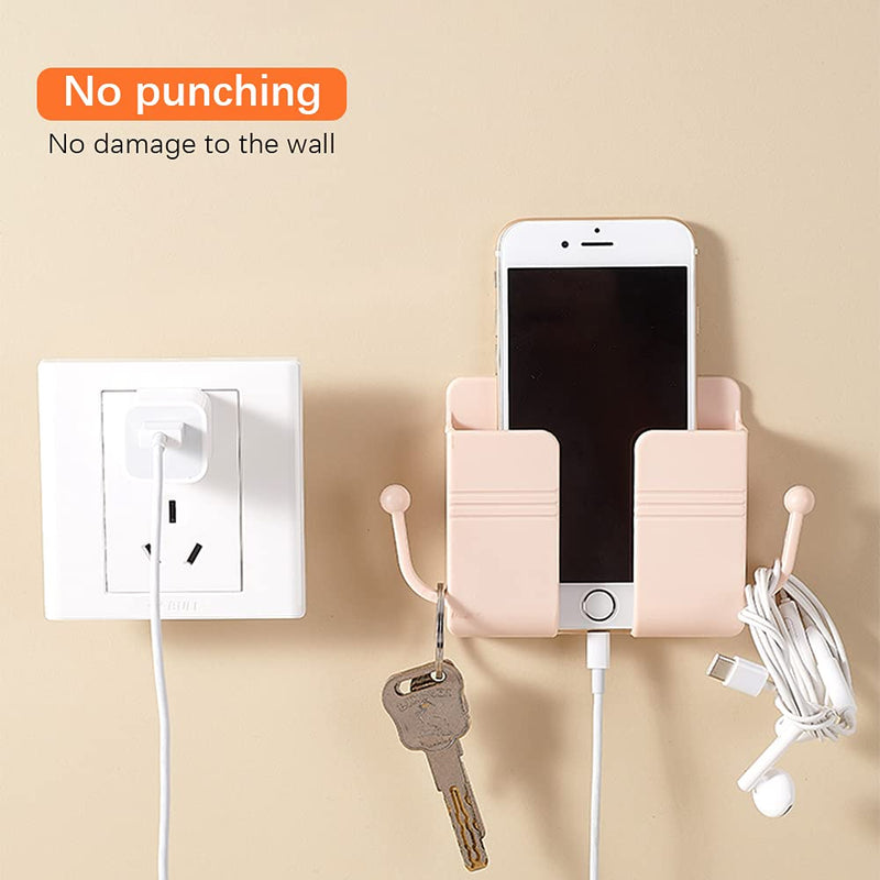 Phone Stand, Cell Phone Holder for Bed, Wall Mount Storage Organizer Box, Wall Mounted Remote Control Holder with Hook, Self-Adhesive Universal Media Organizer Storage Box (White) White