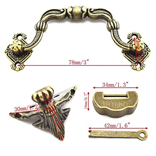 SDTC Tech 13-Pack Retro Jewelry Box Hardware Kit Includes Hasp Latch Padlock Hinges Corner Protectors Pull Handle and Supporting Feet, Bronze Tone