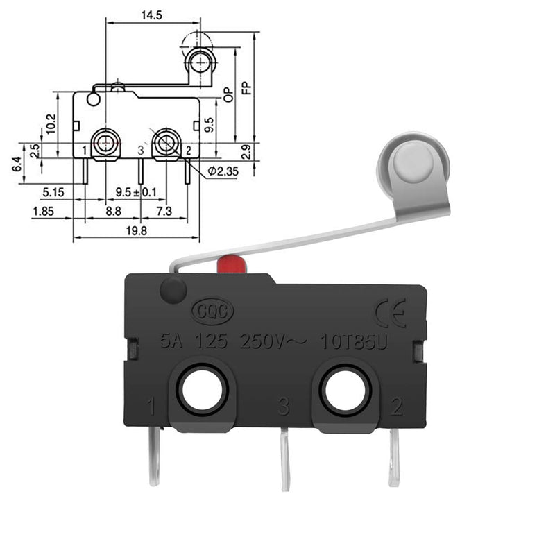 MUZHI SPDT1NO 1NC Momentary Hinge Metal Roller Lever Micro Switch AC 5A 125 250V 3 Pins 12 Pcs