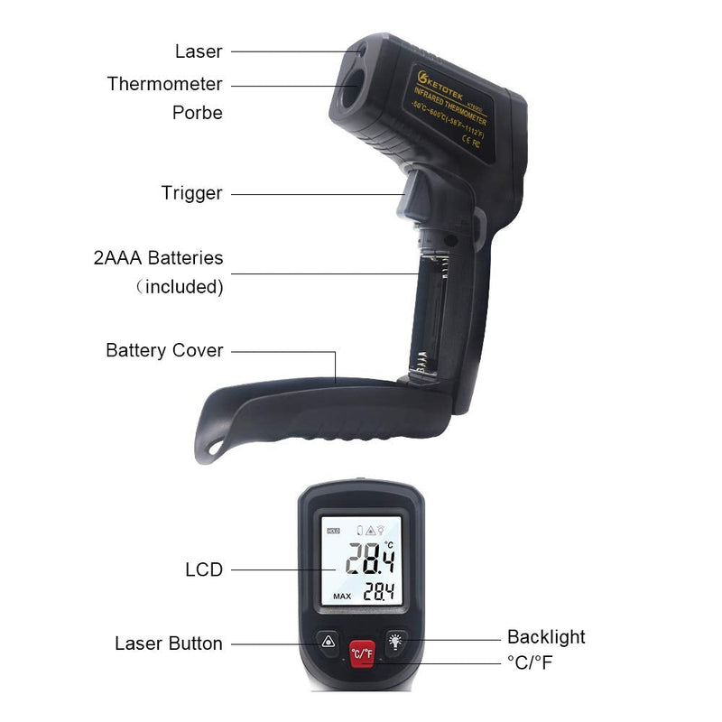 KETOTEK Infrared Thermometer Gun Non Contact Digital Laser Temperature Gun -58℉~1112℉ (-50°C~600°C) Adjustable Emissivity IR Gun for Cooking Food Barbecue Pizza Oven Freezer Fridge Black