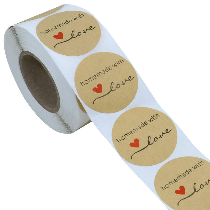 Hybsk Kraft Homemade with Love Stickers 1.5" Inch Round Total 500 Adhesive Labels Per Roll (Kraft)