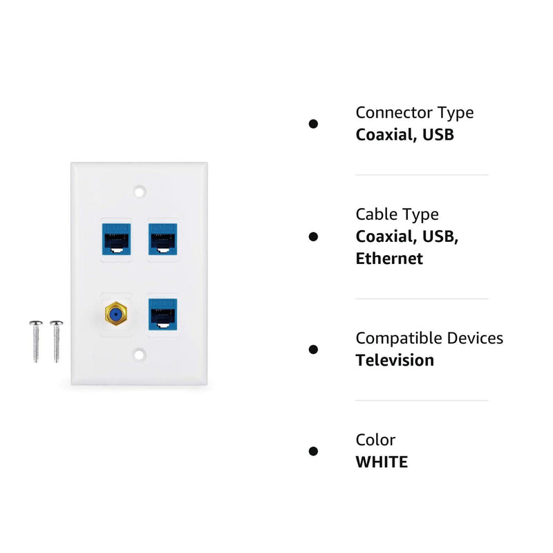 4 Port Wall Plate with Gold-Plated Coaxial TV Cable F Type + 3 Port Cat6 Ethernet Female to Female Jack in White … 3-CAT6