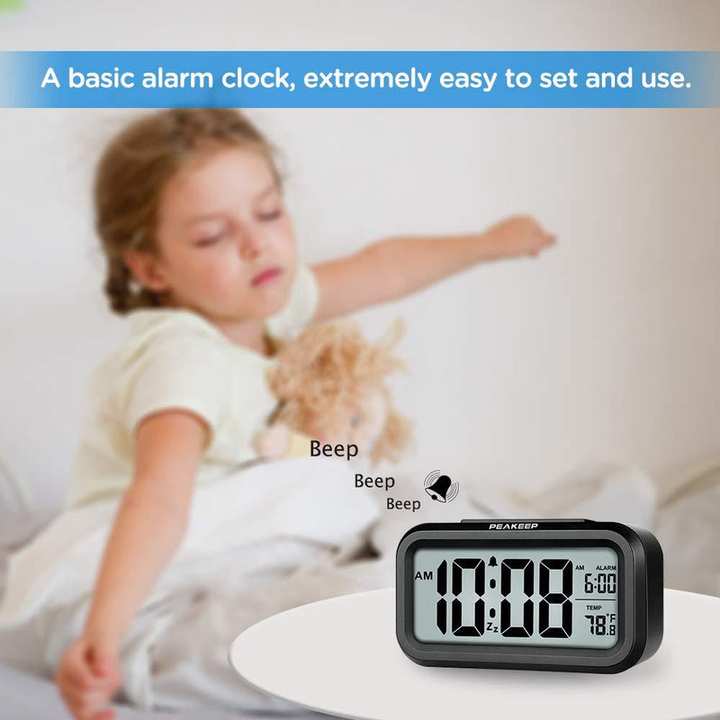 PEAKEEP Smart Night Light Digital Alarm Clock with Indoor Temperature, Battery Operated Desk Small Clock (Black) Black