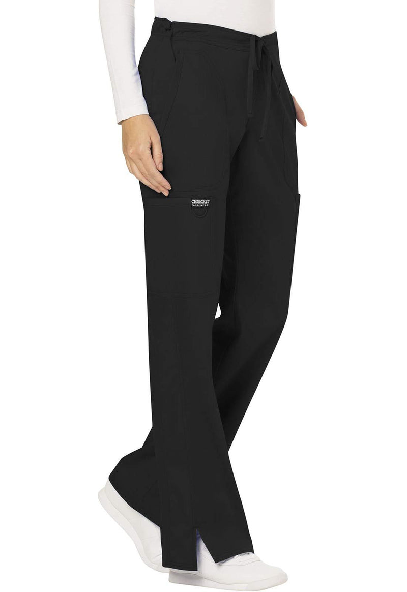 Cherokee Workwear Revolution Women's Mid Rise Moderate Flare Drawstring Scrub Pant XX-Small Petite Black