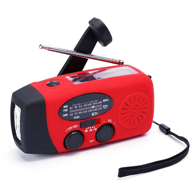 FM/AM/NOAA Weather Radio Hand Crank Self Powered Solar Emergency Radios with 3 LED Flashlight 2000mah Power Bank Smart Phone Charger (Red) Red