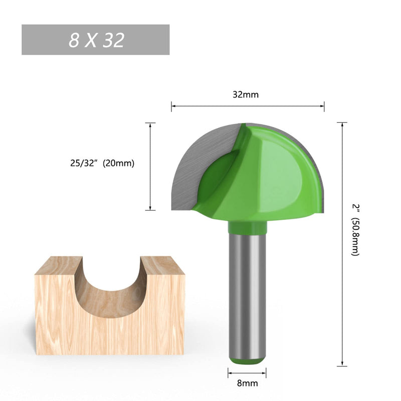 BIGP 5 pieces 8 mm shank round nose cove core box cutter carbide router bit groove cutter ball cutter woodworking cutter (diameter 16/18/22/25/32 mm)
