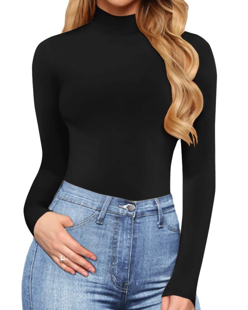 MANGOPOP Women's Mock Turtle Neck Long Sleeve Tops Bodysuit Jumpsuit A Long Sleeve Black X-Small