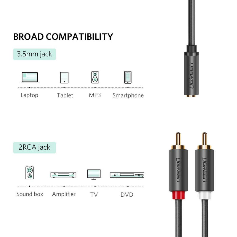 UGREEN 3.5mm Female to 2 RCA Male Stereo Audio Y Cable Adapter Gold Plated Compatible for Smartphones, MP3, Tablets, Home Theater 0.65FT