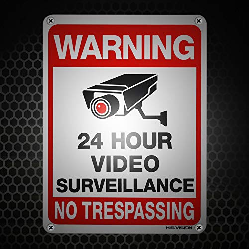 Video Surveillance Sign 4-Pack, HISVISION No Trespassing Metal Reflective Warning Sign,UV Protected & Waterproof, 10"x 7" 0.40 Aluminum Indoor Or Outdoor Use for Home Business CCTV Security Camera 10X7in-4Pack