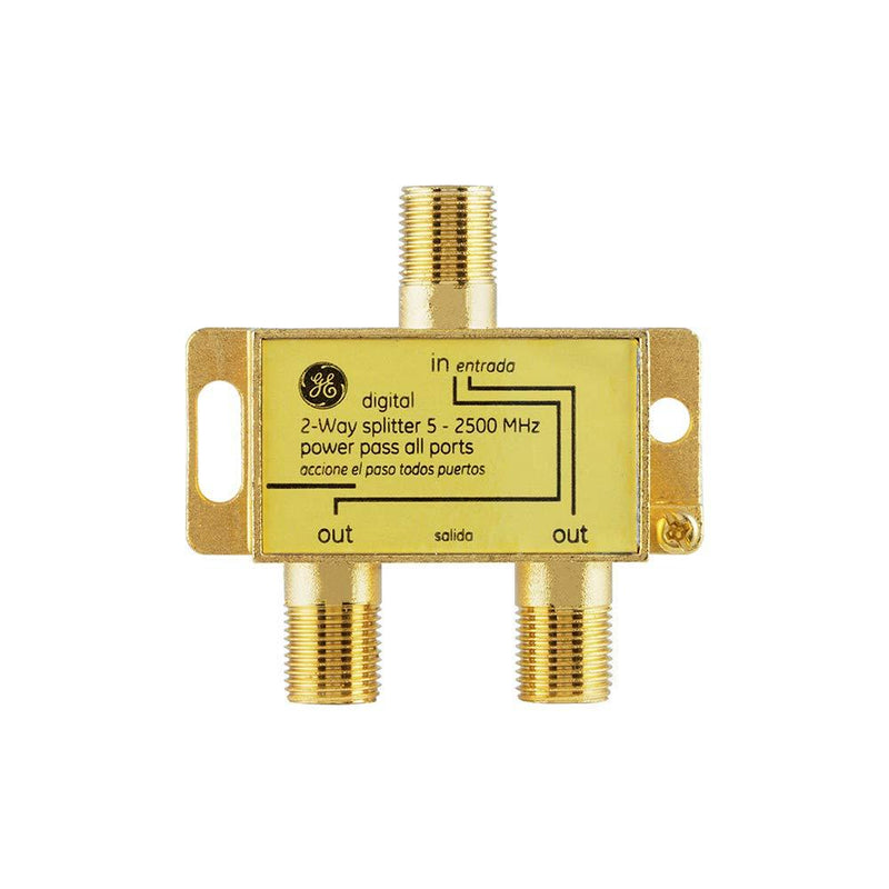 GE Digital 2-Way Coaxial Cable Splitter, 2.5 GHz 5-2500 MHz, RG6 Compatible, Works with HD TV, Satellite, High Speed Internet, Amplifier, Antenna, Gold Plated Connectors, Corrosion Resistant, 33526 1 Pack