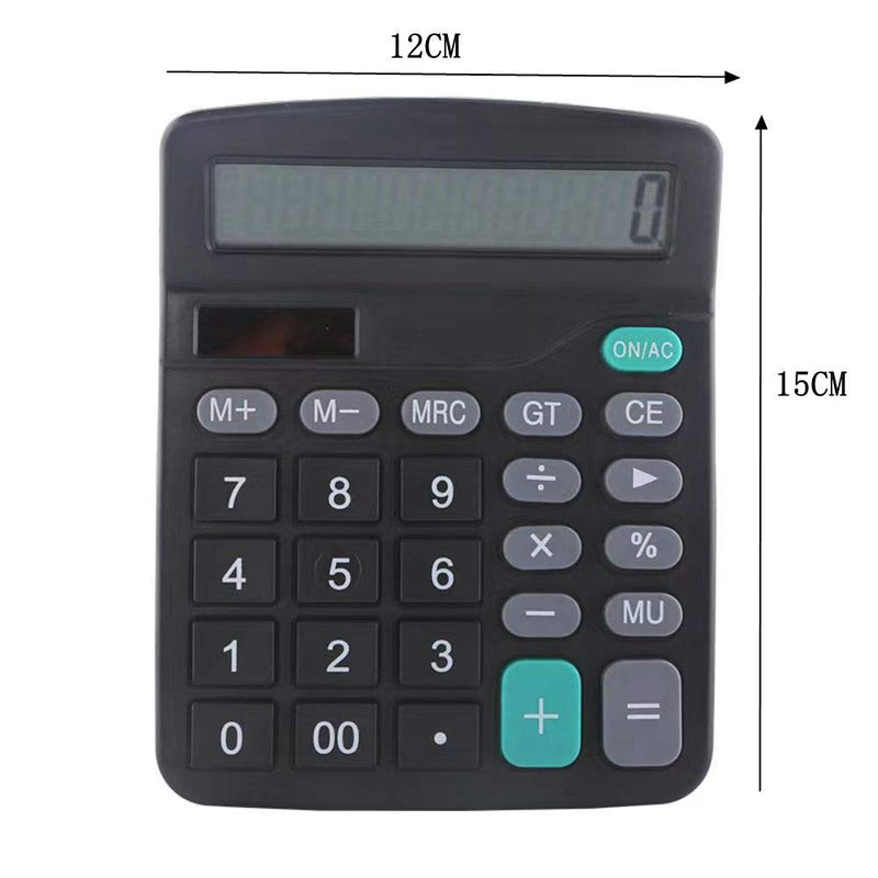 Calculator, 12-Digit Solar Cell Office Calculator with Large LCD Display, Large Sensitive Buttons, Dual Power Desktop Calculator (Black)