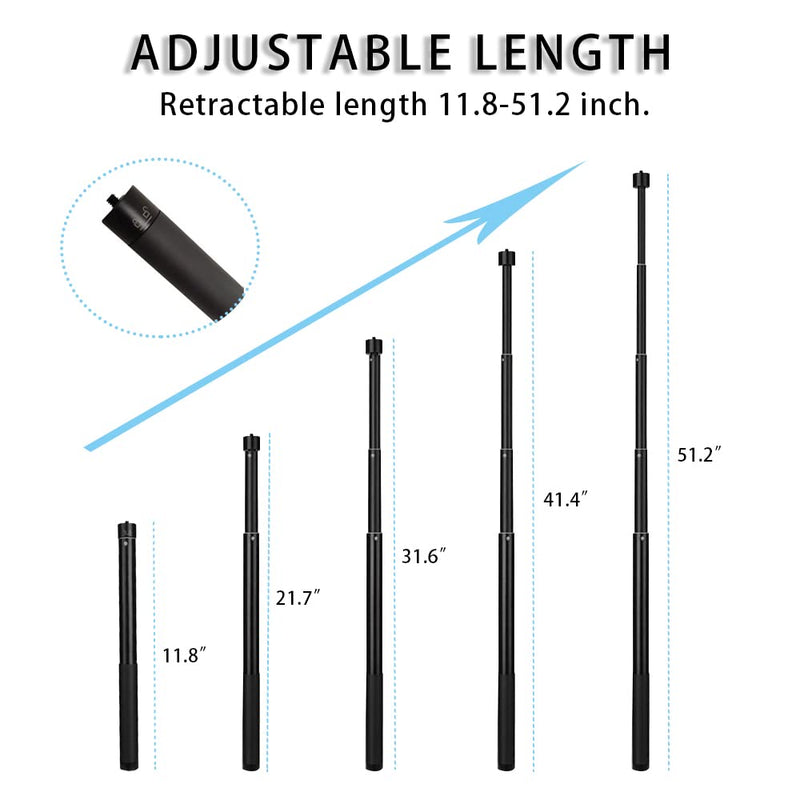 VVHOOY Invisible Selfie Stick Extendable Adjustable Handheld Aluminum Monopod 11.8-51.2 inch 1/4 Inch Screw Compatible with AKASO EK7000/Brave 4/Brave 7 LE/GoPro 11 10 9 8/Insta360/Osmo Action Camera