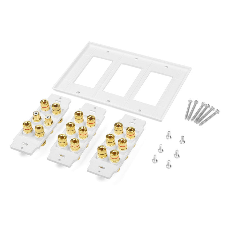 5 6 7.1/7.2 or 8.1/8.2 One or Two Subwoofer Compatible 16 Banana Post and 2 RCA Speaker Wall Plate for Home Theater Audio