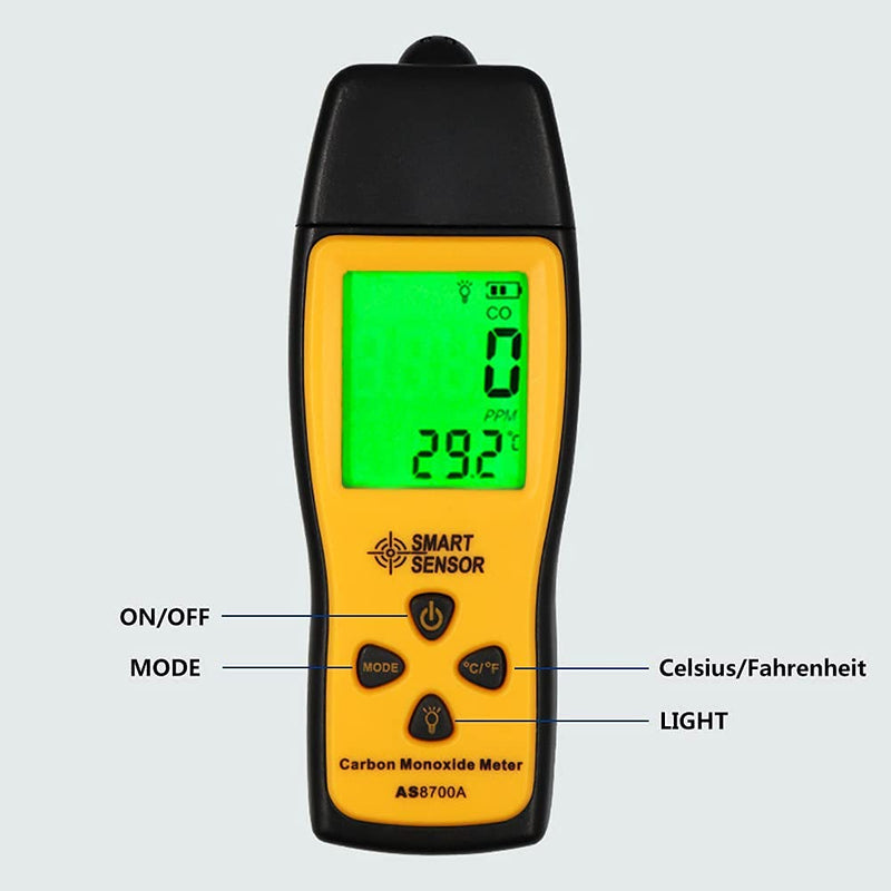Handheld Carbon Monoxide Meter, 80db Light CO Leak Detector, Portable Handheld CO Detector, CO Gas Analyzer with LCD Display, 0-1000 ppm High Precision