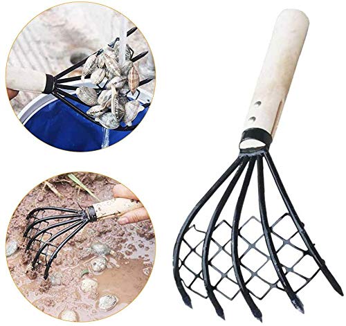 5-Tine Ninja Steel Claws Hand Rake with Mesh Net, Clam Fork, Short Wooden Handle, Ergonomic, Non-Slip, Lightweight, Sturdy, Compact - Comes with Portable Folding Bucket (Blue)