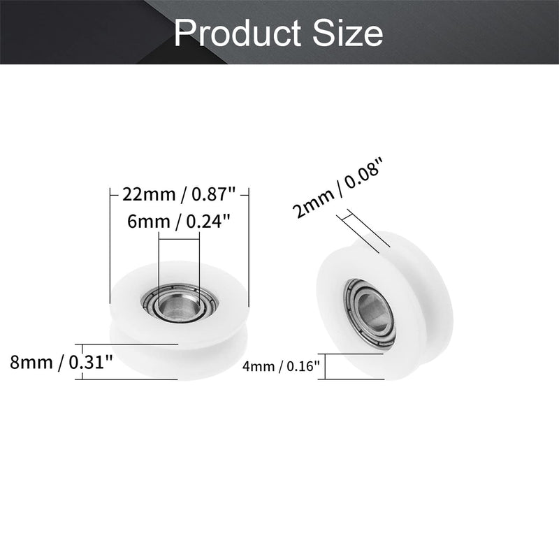 MroMax Nylon Plastic Pulley U-Shape Groove Wheel 6x22x8mm Guide Bearing Pulley Rail Ball Wheel for Driving Mechanical Equipment, Doors and Windows White 4Pcs