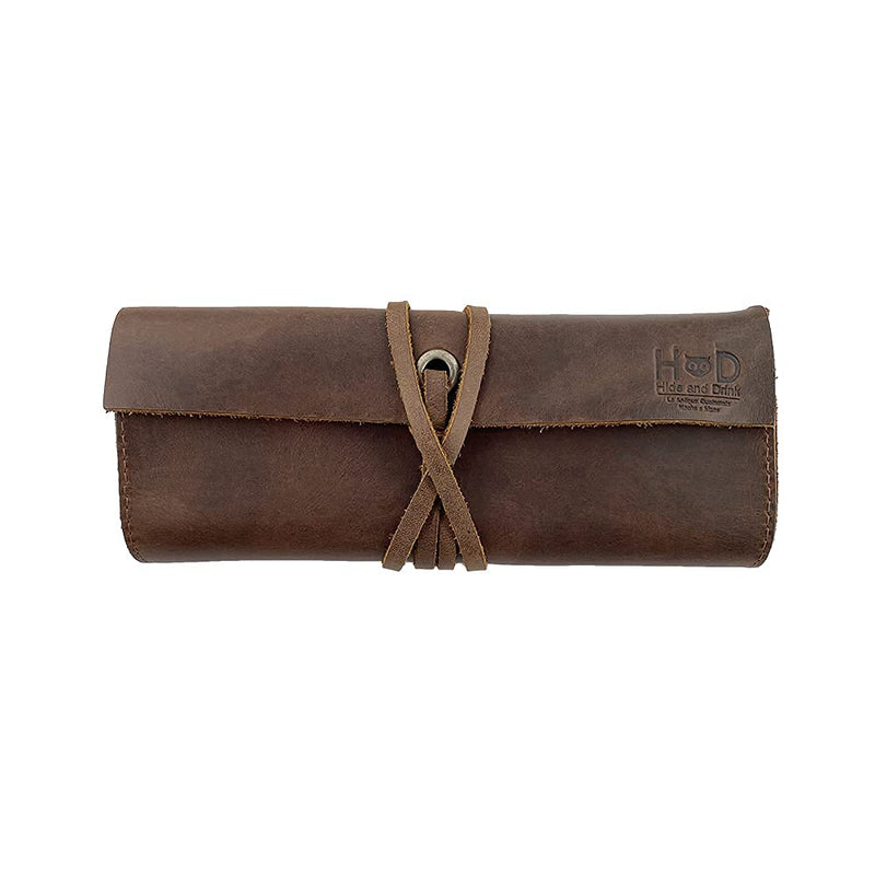 Hide & Drink, Rustic Leather Pencil Roll Pouch, Multi Purpose Storage Wrap for Scissors, Earphones, Organizer for Craft, Work, Study, Handmade Includes 101 Year Warranty :: Bourbon Brown