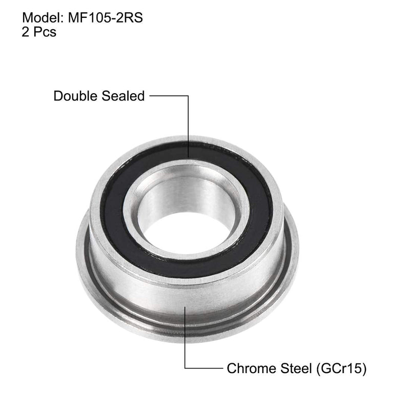 uxcell MF105-2RS Flanged Ball Bearing 5x10x4mm Double Sealed Chrome Steel Bearing 2pcs