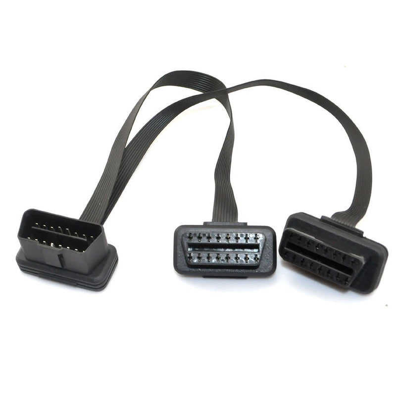 iKKEGOL Ultra Low Profile Left or Right Angle OBD2/OBDII Y Splitter Flat Ribbon Cable 1Feet/30cm -1x Male and 2X Female J1962 Ports