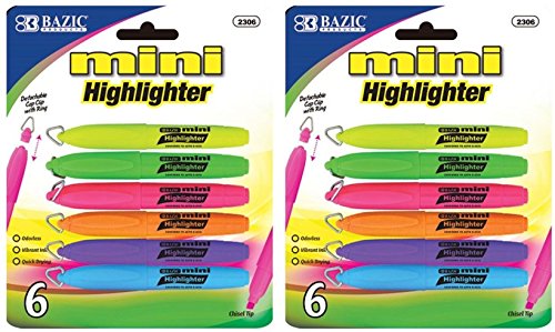 Bazic - Mini Highlighter with Cap Clip, 6 Different Colors (2-Pack of 6)