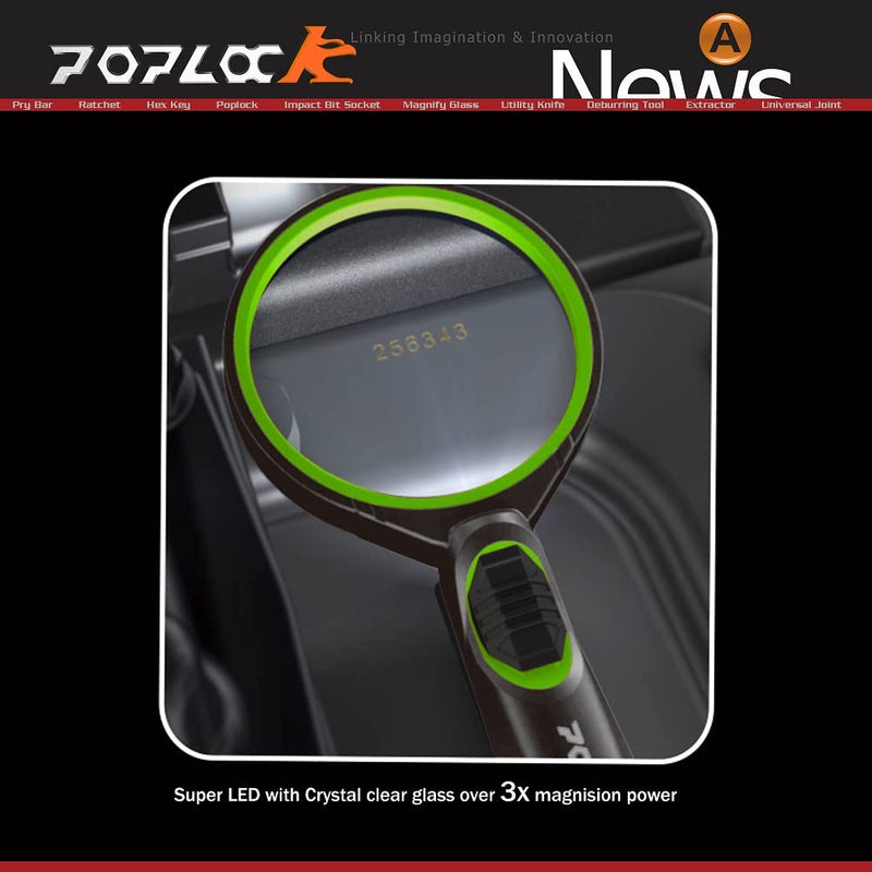 POPLOCK Magnifying Glass with Light, Anti-Drop Rubber Frame Protection, Non-Distorting 3X Optical Lens, LED Work Light for Dark Area, Soft Grip Handle. EDC Magnifier for Reading, Close Work and Hobby Neon Green