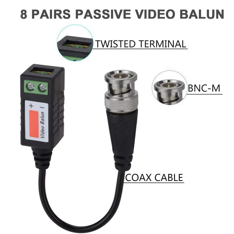 Video Balun Connectors 8 Pairs Cat5 HD Mini CCTV BNC Passive Video Balun Transceiver Cable for BNC Male Cable via CAT5/5E/6 Twisted Pair Transmitter CCTV Security Camera System