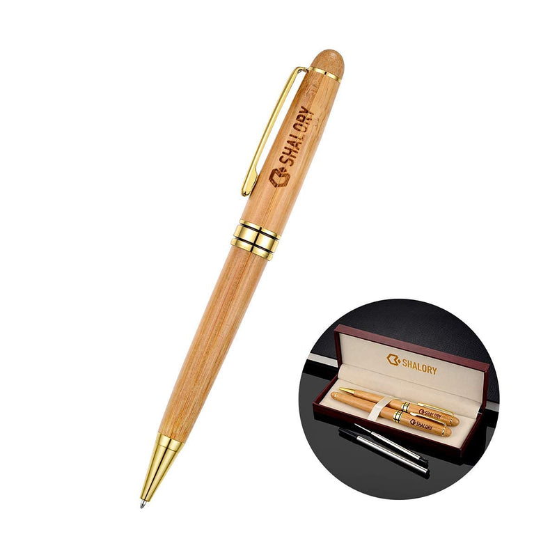 SHALORY Bamboo Wooden Pen Set - 1 Ballpoint Pen Medium Point & 1 Rollerball Pen Fine Point - Smooth Writing Flow Gift Pen with Extra 2 Refills, Black Ink Bamboo Wood Writing Pen Set 0.7/1.0mm