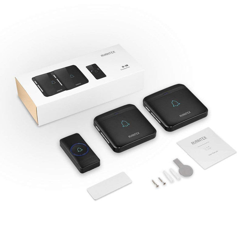 Wireless Doorbell, AVANTEK D-3B Waterproof Door Chime Kit Operating at over 1300 Feet with 2 Plug-In Receivers, 52 Melodies, CD Quality Sound and LED Flash Black
