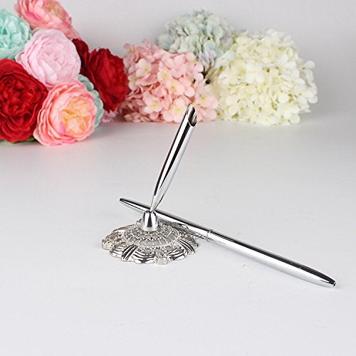 Chris.W Signing Pen with Hollow out Holder Stand for Wedding Bridal Party, Silver