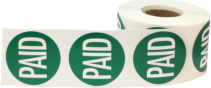 Green with White Paid Stickers, 1.5 Inches Round, 500 Labels on a Roll